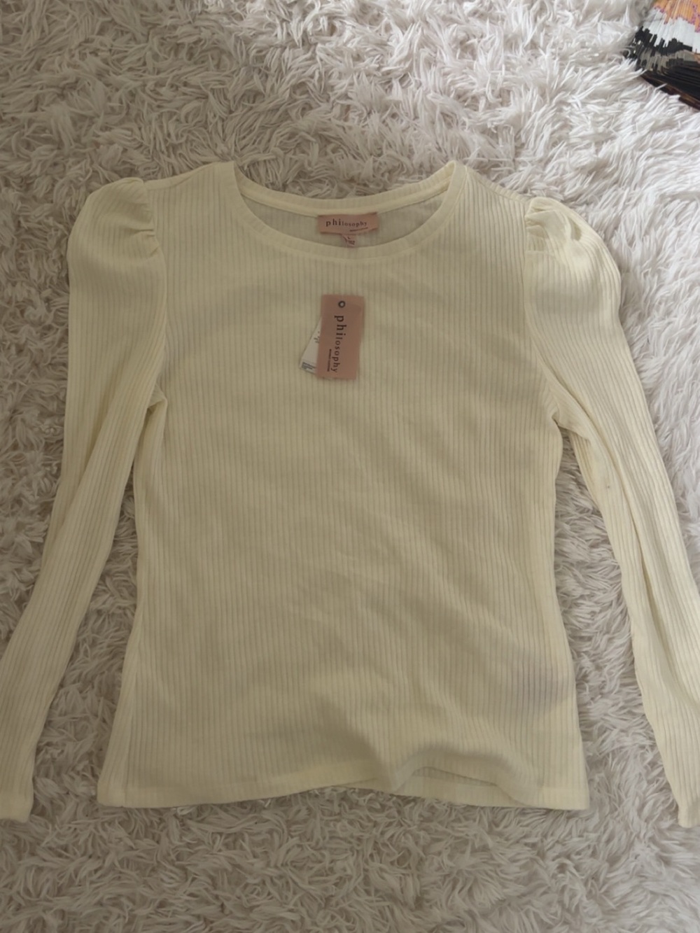 Philosophy Cream Ribbed Puff-Sleeve Long Sleeve Top